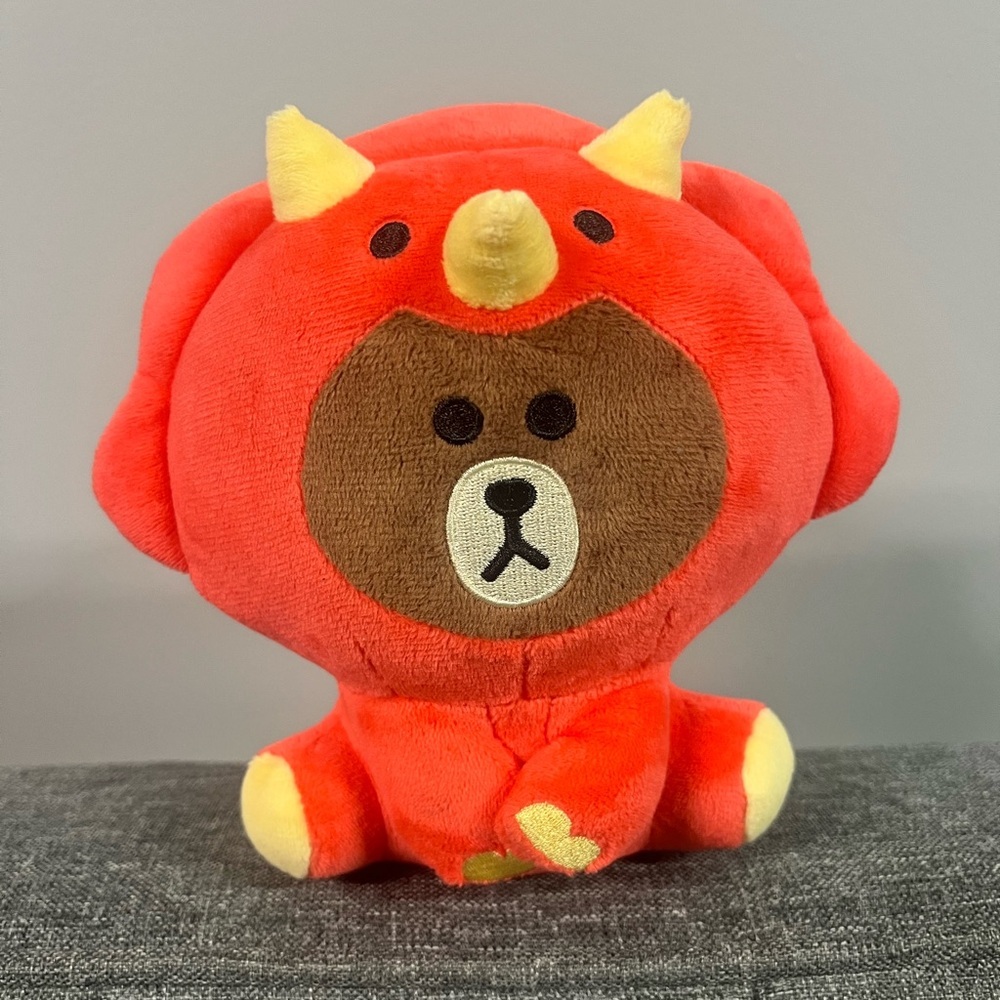LINE FRIENDS Jungle Brown Teddy Bear in Red Dinosaur Costume 14" Plush